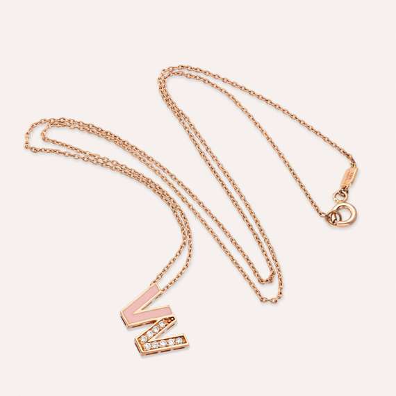 W Letter Diamond and Pink Enamel Rose Gold Pendant - 2