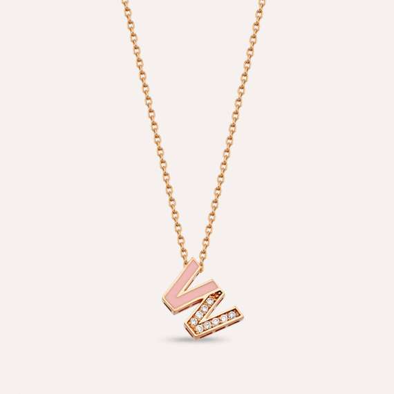 W Letter Diamond and Pink Enamel Rose Gold Pendant - 1