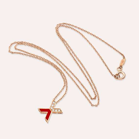 X Letter Diamond and Red Enamel Rose Gold Pendant - 4