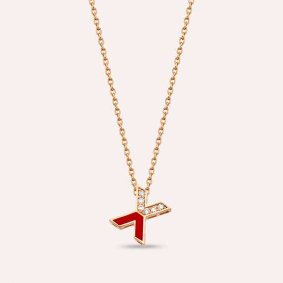 X Letter Diamond and Red Enamel Rose Gold Pendant - 1