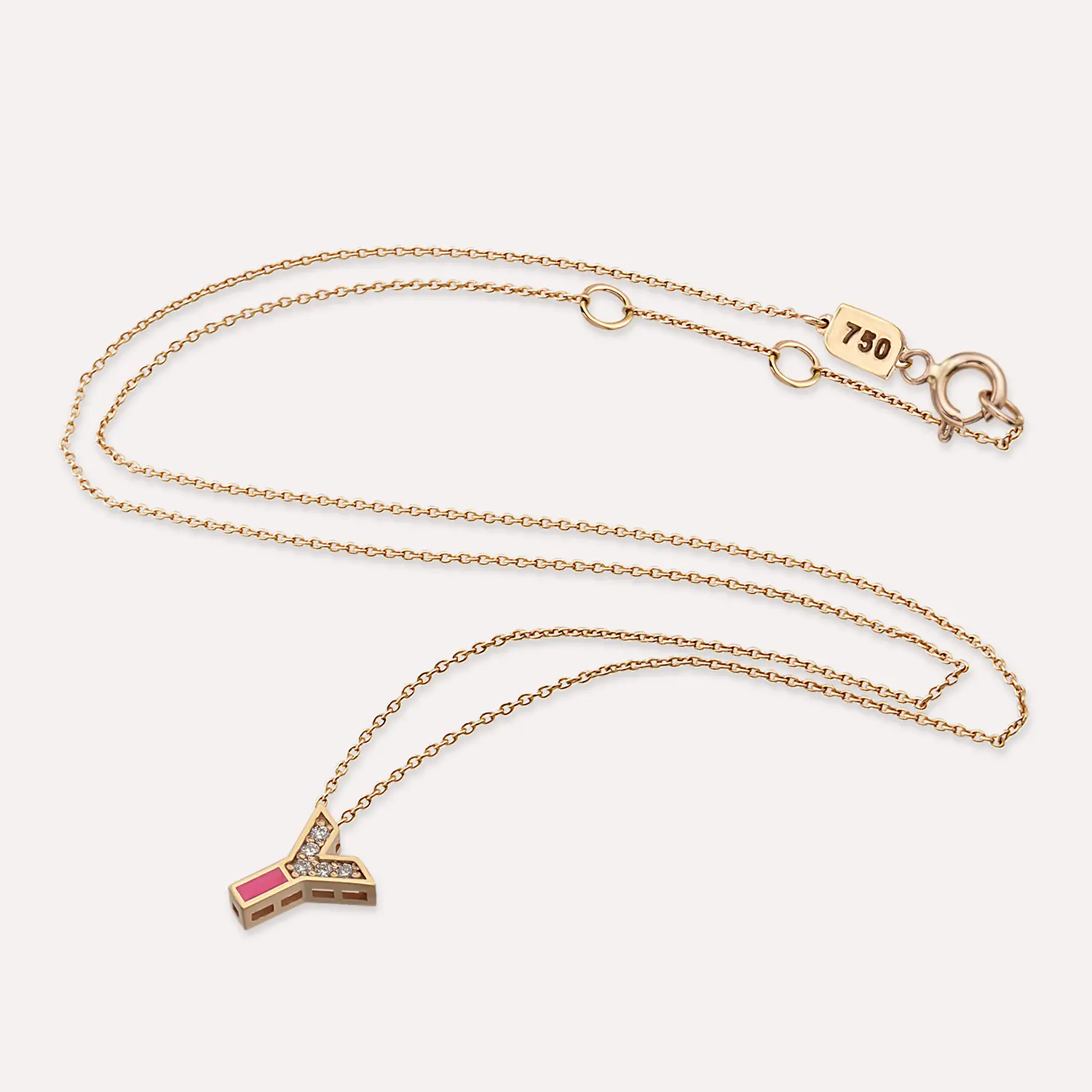 Y Letter Diamond and Pink Enamel Rose Gold Pendant - 4