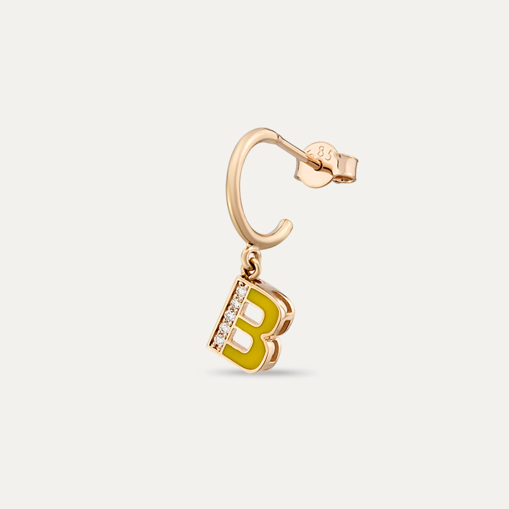 Yellow Enamel and Diamond B Letter Single Dangling Earring - 1