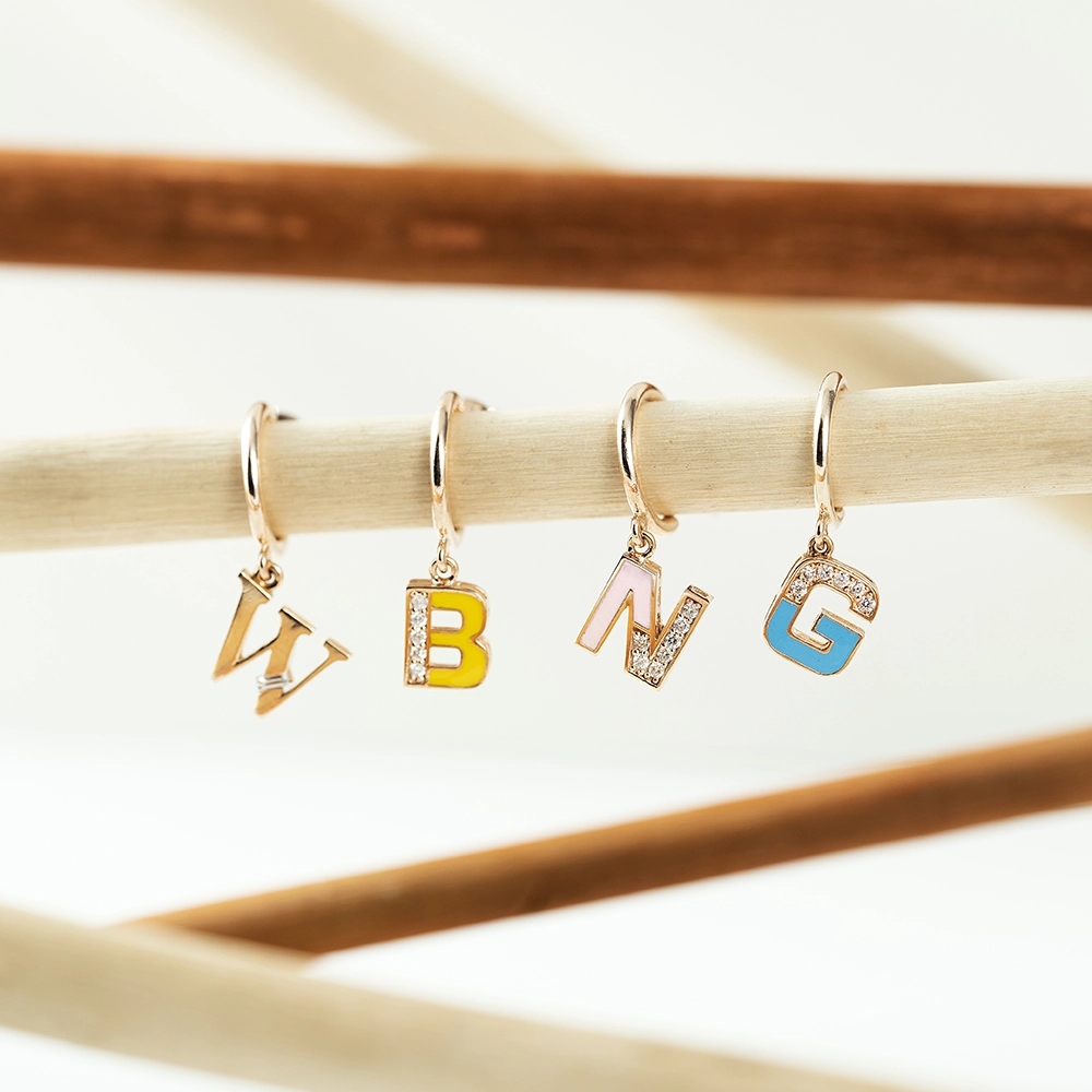 Yellow Enamel and Diamond B Letter Single Dangling Earring - 2