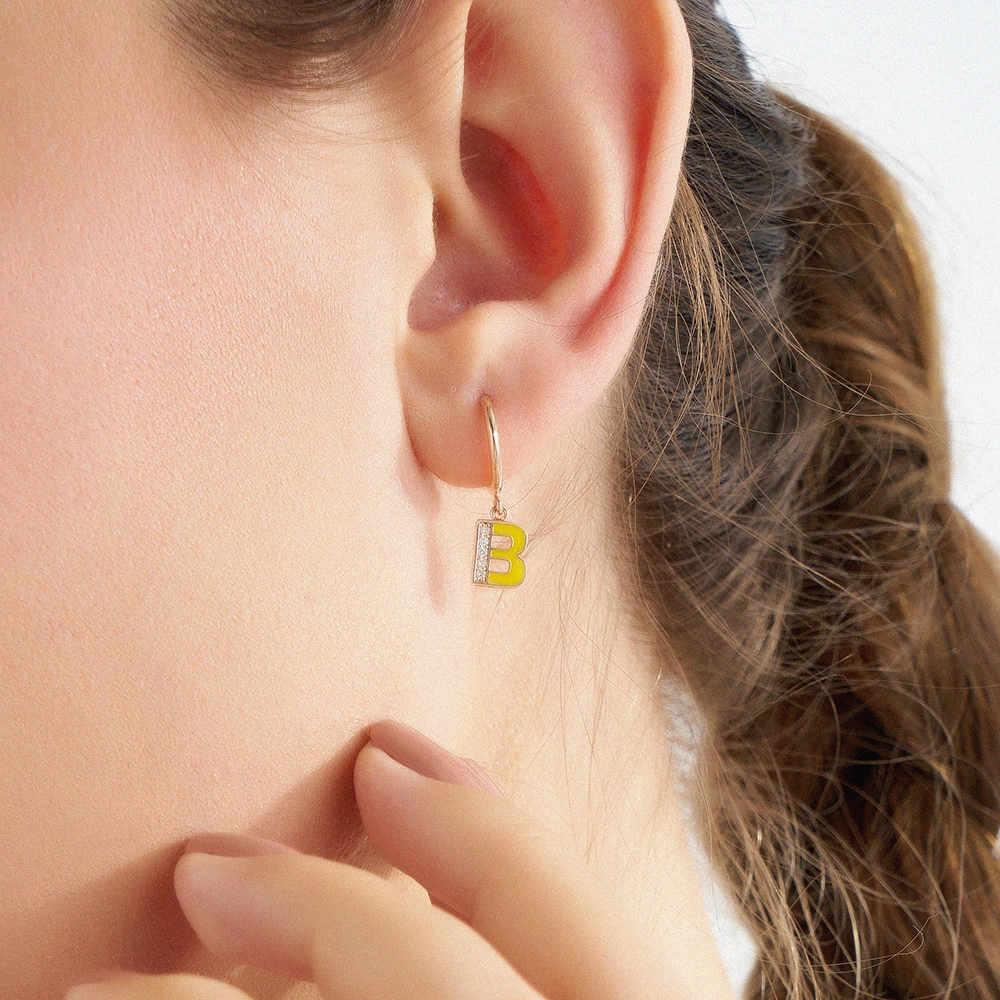 Yellow Enamel and Diamond B Letter Single Dangling Earring - 3