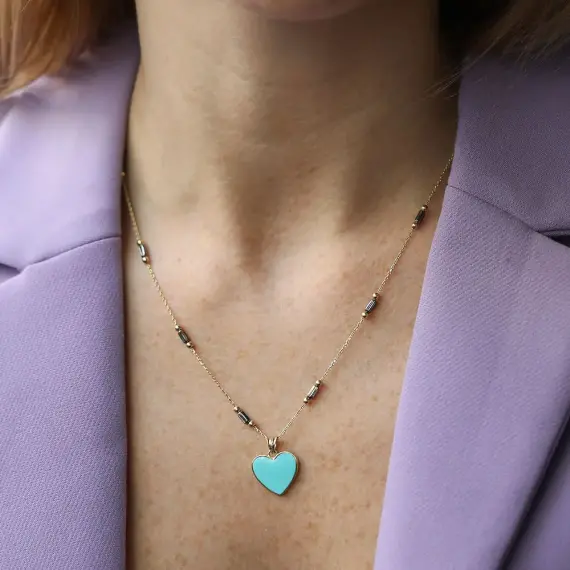 Yellow Gold Heart Necklace with Turquoise Enamel - 2