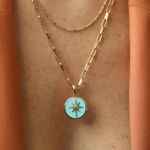 Yellow Gold Pole Star Necklace with Turquoise Enamel - 1